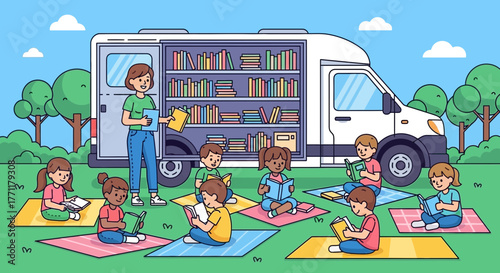 Cartoon library van outreach with diverse children engaged in outdoor reading