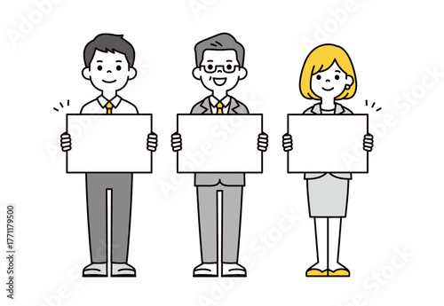 フリップを持って説明する、社長と若い男女の社員のシンプルな全身ベクターイラスト素材セット