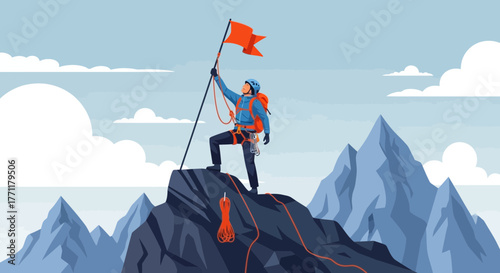 Vector Illustration of Mountain Climber Reaching the Summit and Planting a Flag