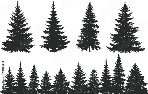 Collection tree silhouette isolated on white background on white background. forest landscape, representing winter holiday, celebration, and festive decoration in vector format. Eps 10