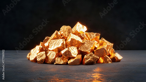 A pile of gold nuggets, rough and unrefined, glowing against a dark surface, gold nuggets, natural wealth,