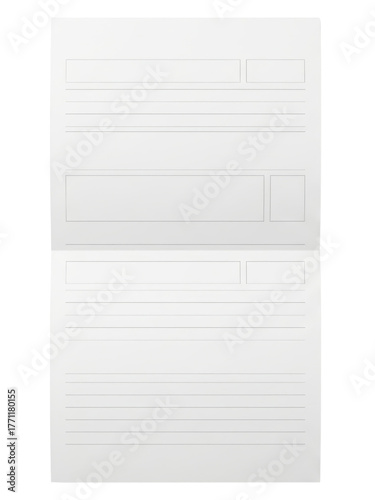 Blank folded application form document with lines for text on a transparent background