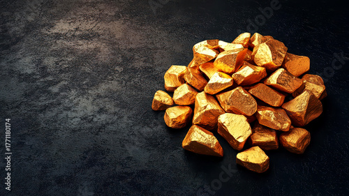 A pile of gold nuggets, rough and unrefined, glowing against a dark surface, gold nuggets, natural wealth,