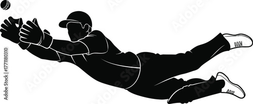 Silhouette of a baseball player diving to catch a ball