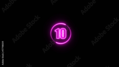 A circle with a purple 10 neon number and the text on black background. Glowing purple color ten number text sign icon illustration.