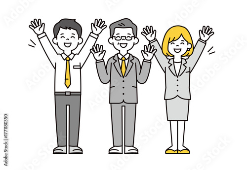 大喜びで万歳する、経営者と従業員の男性と女性のシンプルな全身ベクターイラスト素材セット