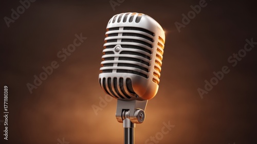 Vintage microphone on a stand with a warm background featuring a professional audio setup for music performances and studio recordings