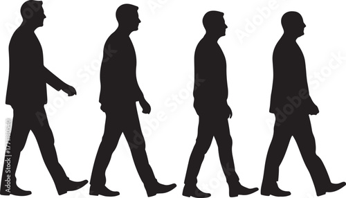 Four men walking in silhouette black white