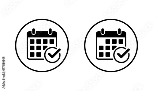Confirmed calendar icon in circular outline. Event confirmation and date check mark symbol