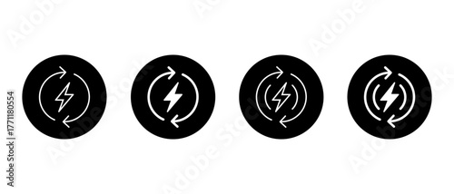 Energy cycle icon set in black circle. Lightning bolt with circular arrow symbol