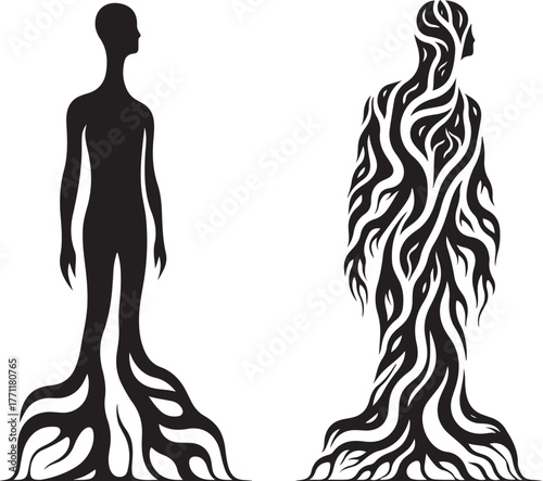 Human figures with root like bases silhouette black