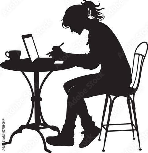 Person working on laptop at cafe table silhouette female