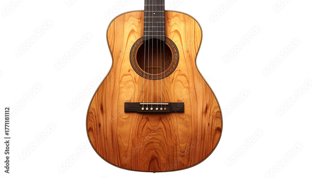 Obraz premium acoustic guitar with detailed wood texture and strings, isolated on transparent background, PNG format