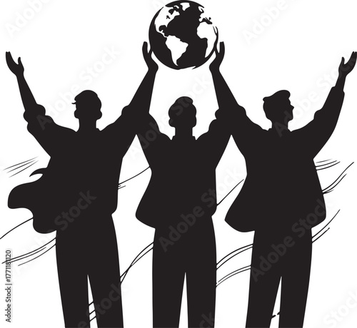 Three figures holding up the globe people world