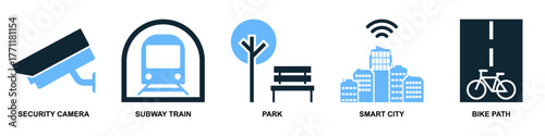 Set smart city icon vector. A collection for urban tech, digital services, and intelligent infrastructure. Perfect for UI, UX design related to modern city management.