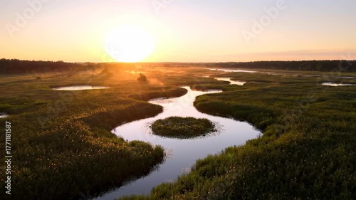 Aerial drone shot slowly flying over a vast peaceful marshland at golden hour sunrise, revealing intricate water channels and reeds slowly flying, environment, outdoor