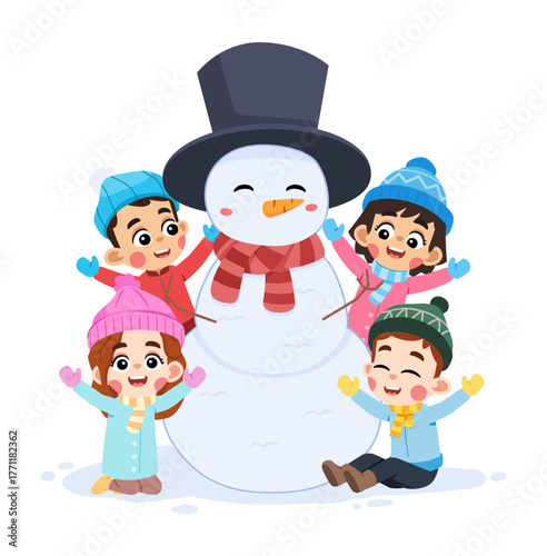 Happy Kids with Snowman in Winter Season