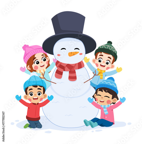 Happy Kids with Snowman in Winter Season