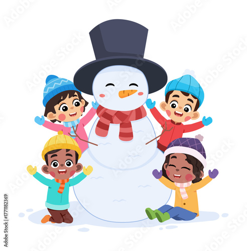 Happy Kids with Snowman in Winter Season
