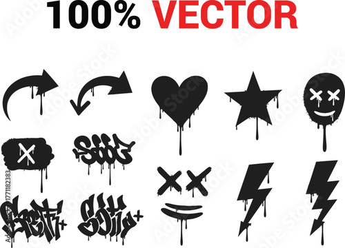 Collection of black graffiti spray paint drip icons including arrows heart star mask x and lightning bolts silhouette