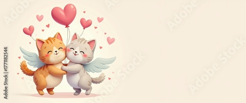Cute kittens with angel wings holding heart-shaped balloons on a soft pastel background