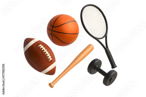 3D Floating Sports Equipment Set — Minimal Fitness Composition on White Background