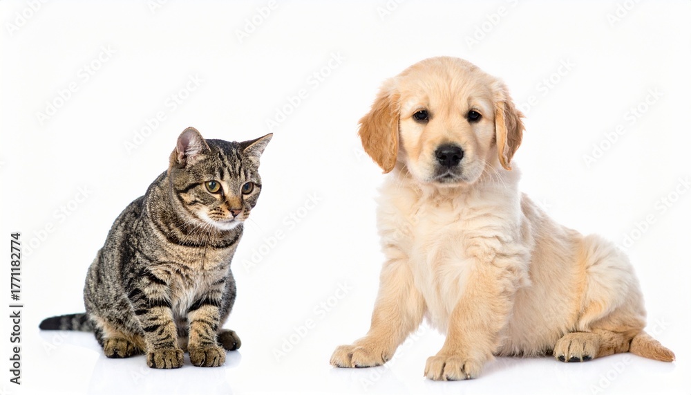 Fototapeta premium Cat and Puppy Sitting Side by Side on White