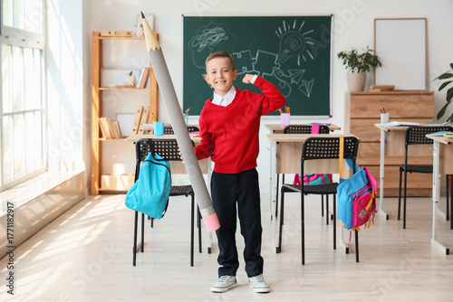 Cute little schoolboy with ...
