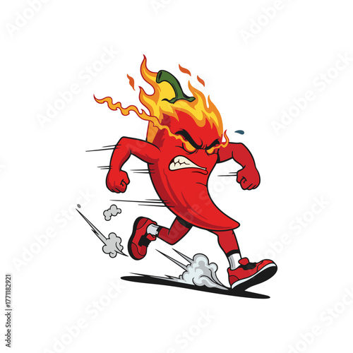 Cartoon of a red chili pepper running with flames on its head.