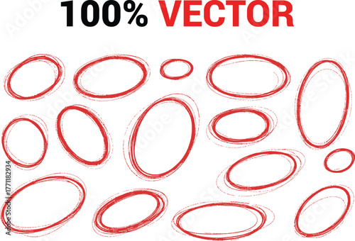 Collection of hand drawn red oval and circular shapes in a scattered arrangement silhouette