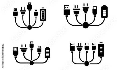 Charging cable icon set with usb plug and battery symbol for power concept
