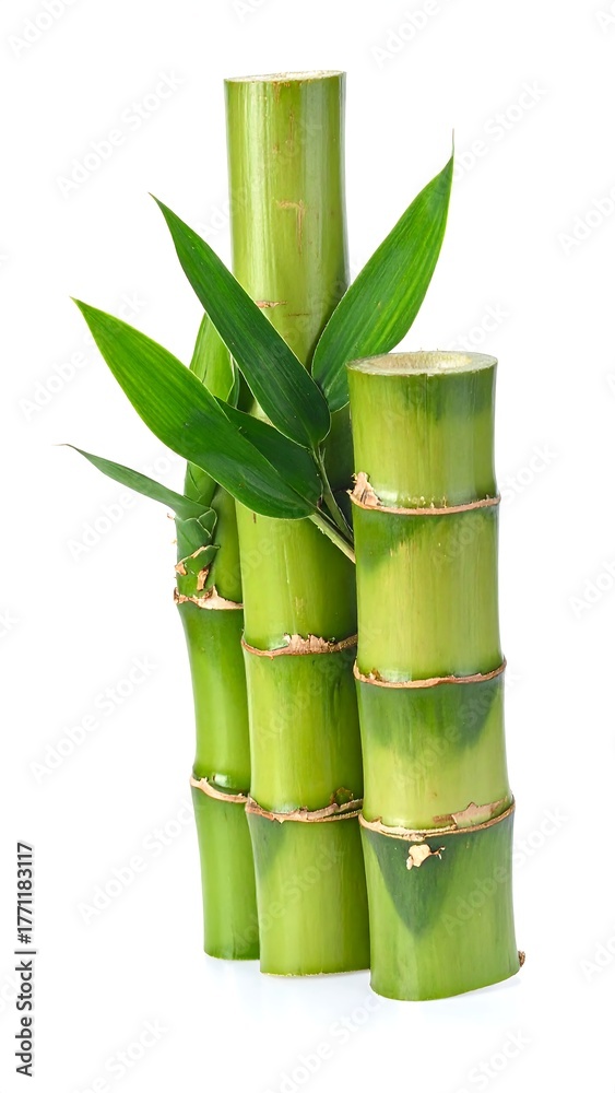 Obraz premium Three stalks of green bamboo, with leaves, against a white backdrop