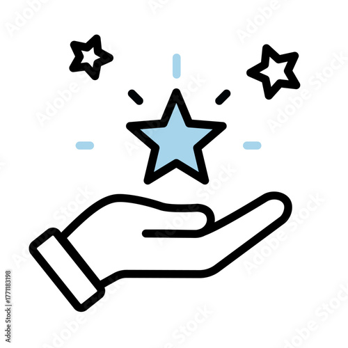 Flat vector icon of a hand offering a star symbolizing appreciation, support, and care, perfectly manually traced for clean outline and consistent dual-tone balance.