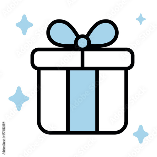 Flat dual-tone line icon of a gift box with ribbon and stars, perfect for reward, appreciation, and celebration themes, manually traced for precise vector quality.