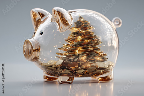 transparent piggy bank with a Christmas tree made of gold coins
