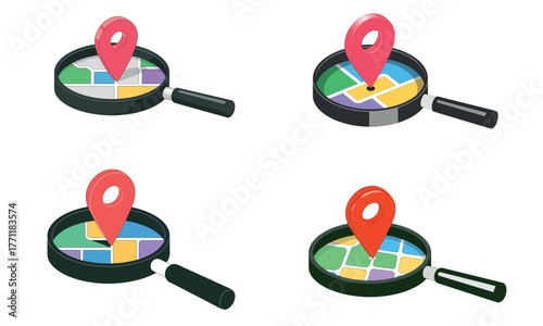 Map location illustration with magnifying glass and red pin symbol for navigation and travel concept

