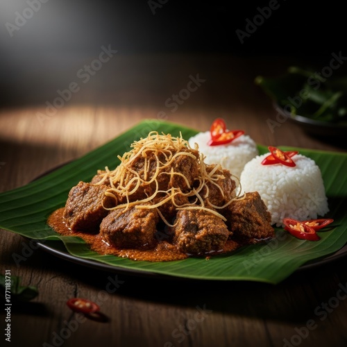 Delicious Indonesian Beef Rendang with Rice and Crispy Noodles on Banana Leaf.