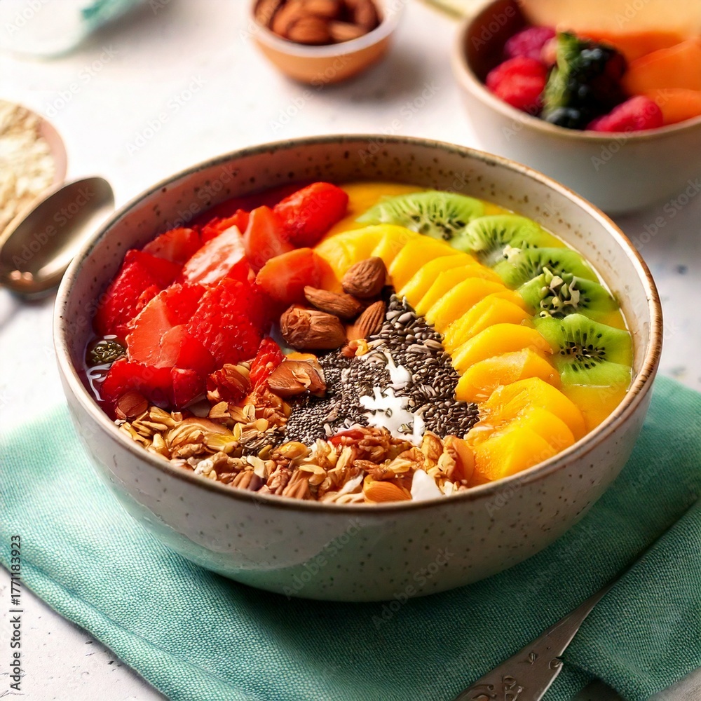 Fototapeta premium Closeup of a healthy vegetarian breakfast dish: a bowl of muesli with colorful berries and fruit