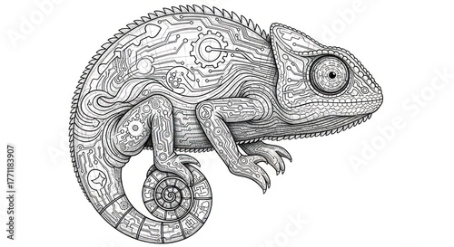 Intricate Steampunk Chameleon Illustration with Detailed Mechanical Elements.