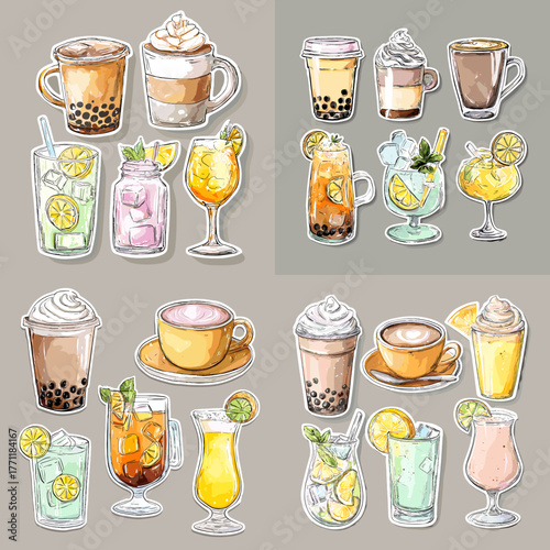 Colorful hand-drawn beverage illustration set featuring bubble tea, coffee, iced drinks, citrus cocktails, and smoothies. Perfect for café menus, stickers, branding, and packaging design.