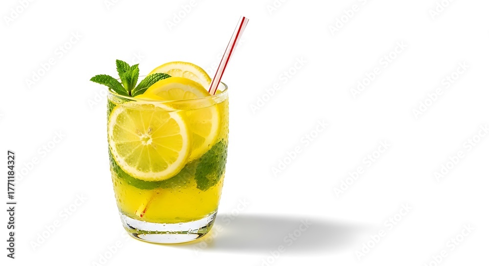Fototapeta premium Refreshing lemonade with lemon slices and mint a cool summer drink isolated on white background