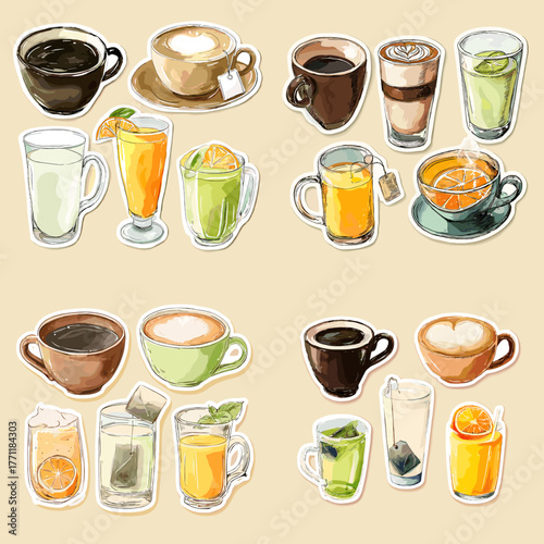 Watercolor illustration of coffee, tea, lattes, juices, and herbal drinks in mugs and glasses, perfect for café menus, beverage branding, and packaging design.