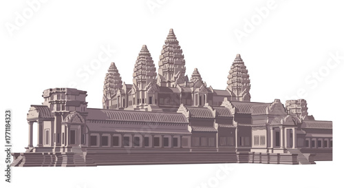 Detailed architectural model of the ancient Angkor Wat temple in Cambodia, isolated on a white background.