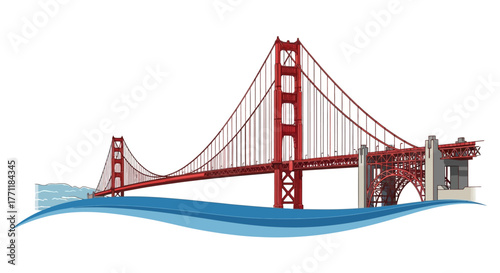 The iconic Golden Gate Bridge spanning across the water with its distinctive red towers and suspension cables.