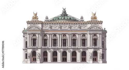 Detailed illustration of the grand and ornate Palais Garnier opera house in Paris, featuring classical architecture, a prominent dome, and intricate facade details.