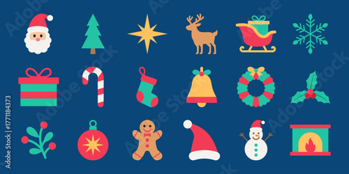 Bright Christmas flat colored icon set with Santa, tree, reindeer, gifts, candy cane, snowman, and more. Perfect for cards, social media, websites, and festive design projects.