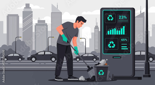 Urban sanitation worker utilizing technological waste management and recycling data