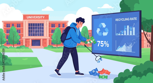 University student collecting recyclable materials to improve campus recycling rates