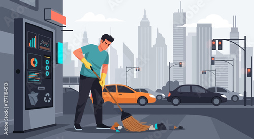 City Cleaning Service: A worker sweeps the urban streets, maintaining cleanliness and order