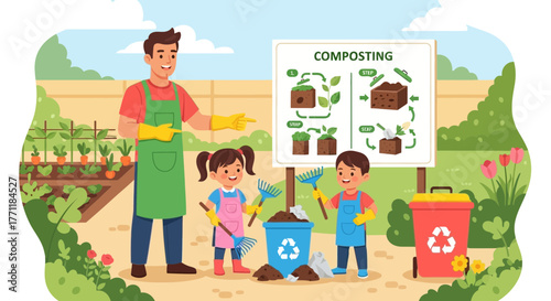 Enthusiastic family learning composting techniques in the garden for sustainability
